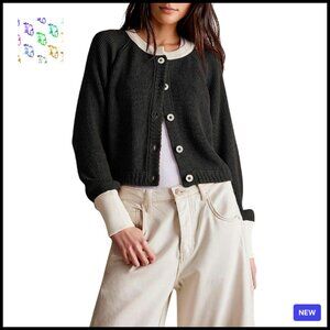 Cropped Cardigan Sweater Button Up Long Sleeve Slouchy Chic Y2K Casual